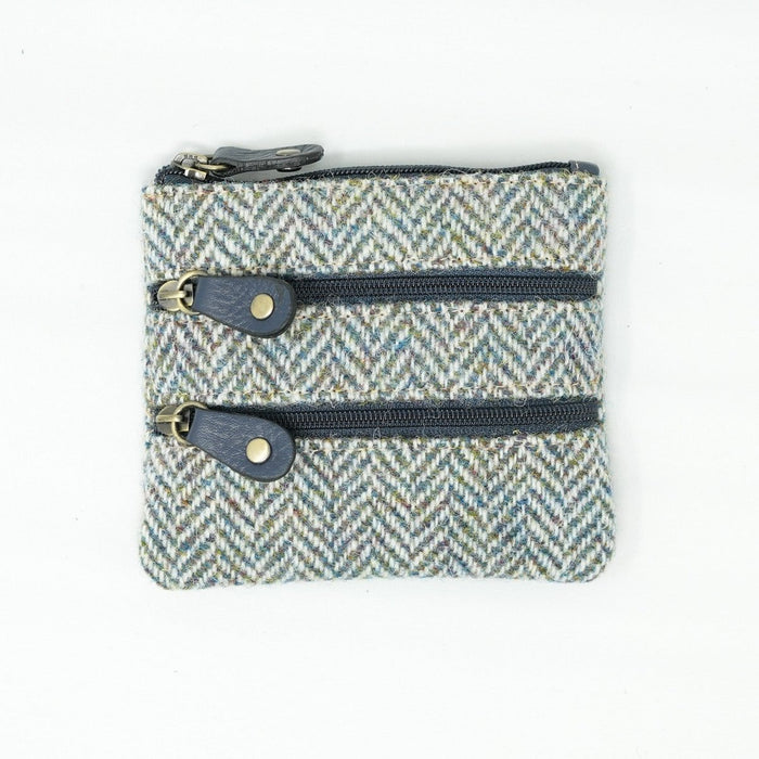 Harris Tweed Leather Coin Purse – Authentic Scottish Zip Wallet - Heritage Of Scotland - GREEN & BROWN HERRINGBONE / BLUE