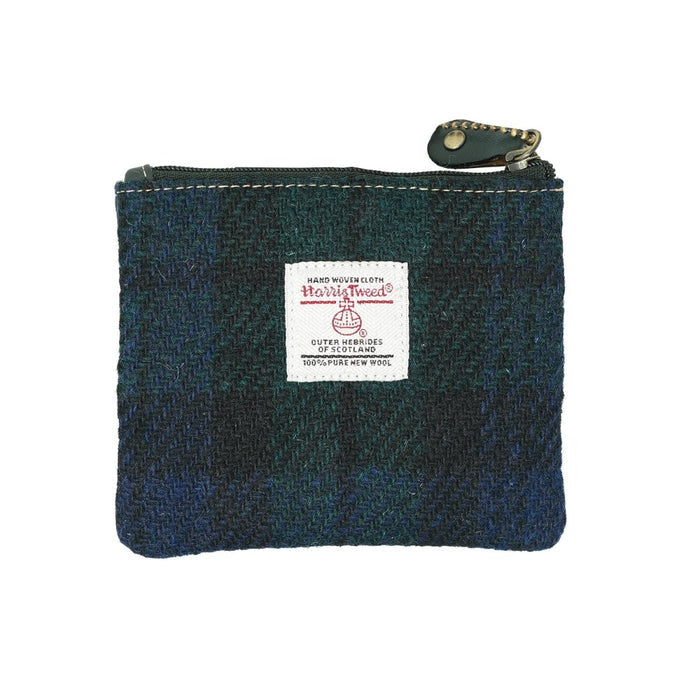 Harris Tweed Leather Coin Purse – Authentic Scottish Zip Wallet - Heritage Of Scotland - BLACK WATCH / GREEN