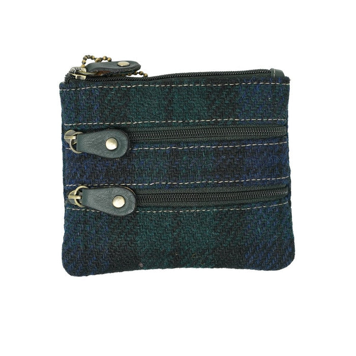 Harris Tweed Leather Coin Purse – Authentic Scottish Zip Wallet - Heritage Of Scotland - BLACK WATCH / GREEN