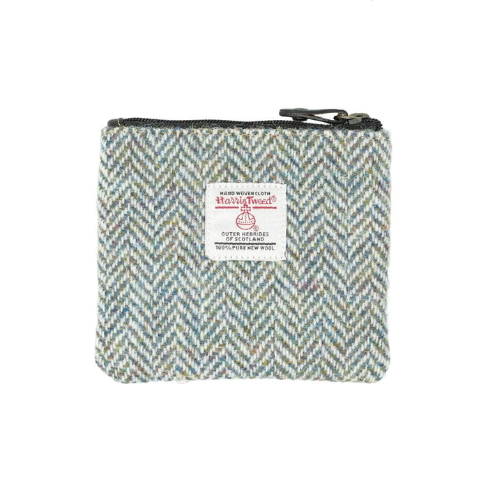 Harris Tweed Leather Coin Purse – Authentic Scottish Zip Wallet - Heritage Of Scotland - GREEN & BROWN HERRINGBONE / BLACK