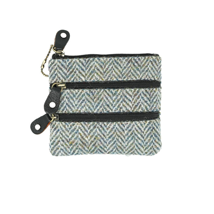 Harris Tweed Leather Coin Purse – Authentic Scottish Zip Wallet - Heritage Of Scotland - GREEN & BROWN HERRINGBONE / BLACK