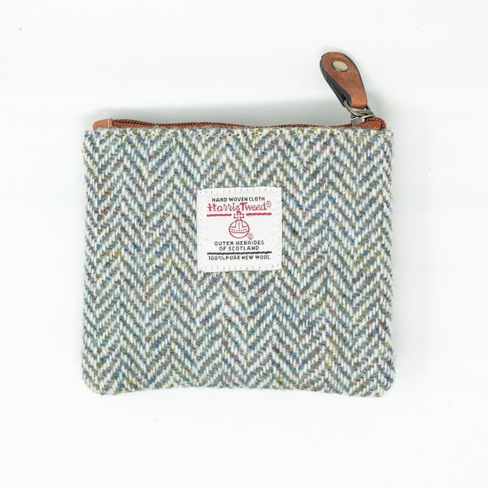 Harris Tweed Leather Coin Purse – Authentic Scottish Zip Wallet - Heritage Of Scotland - GREEN & BROWN HERRINGBONE / TAN