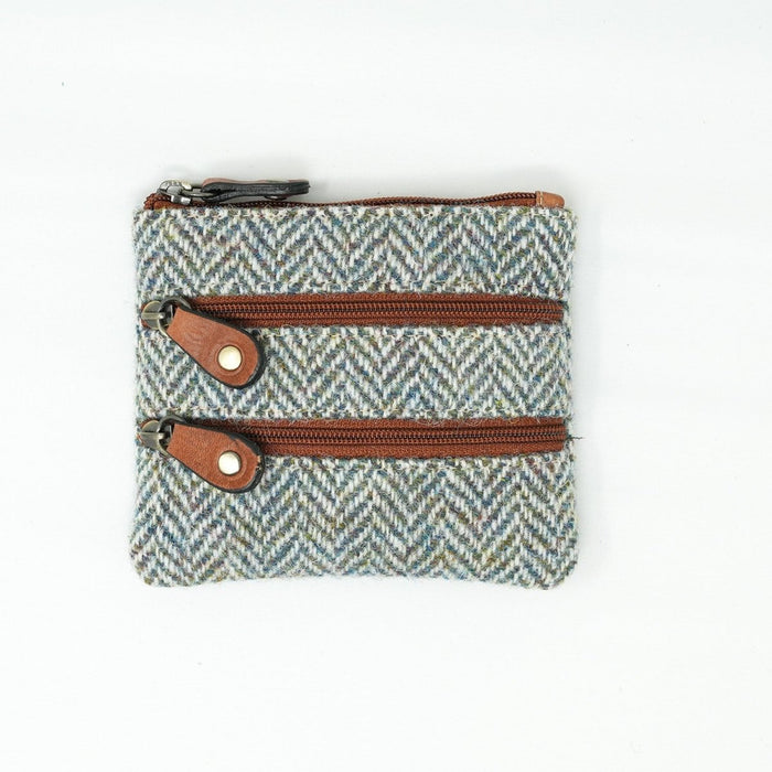 Harris Tweed Leather Coin Purse – Authentic Scottish Zip Wallet - Heritage Of Scotland - GREEN & BROWN HERRINGBONE / TAN