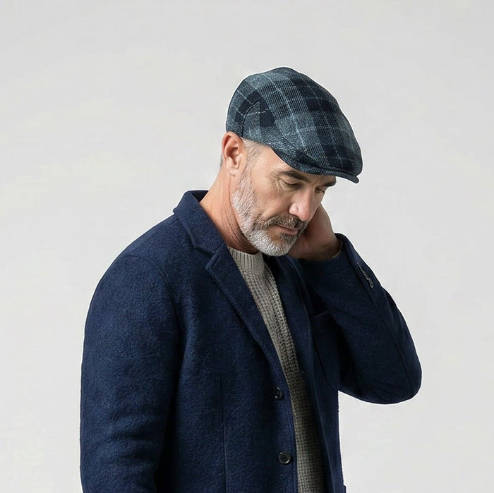 HEDDLE & REED Harris Tweed Flat Wool Cap - Black Grey Check - Heritage Of Scotland - 57