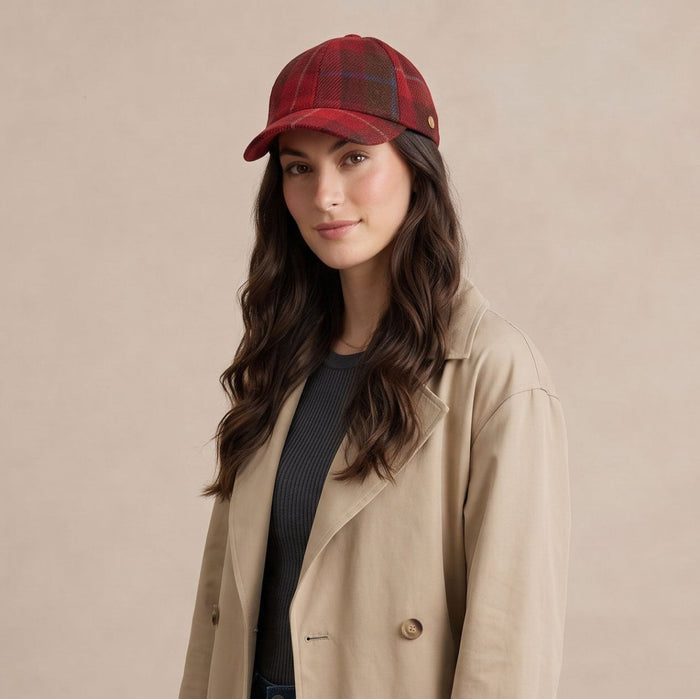 Heddle & Reed Harris Tweed Wool Baseball Cap – Luxury Tweed Style Cap - RED CHECK - Heritage Of Scotland -