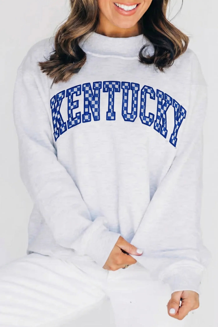 High Neck Embroidered Checkered Letter Game Day Sweatshirt – Light Grey