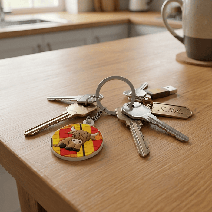 Highland Cow Rubber Keyring – Scottish Coo Souvenir Keychain with Tartan Design - Heritage Of Scotland -