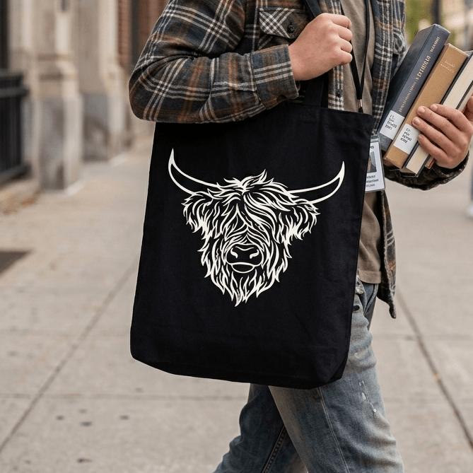 Highland Cow Tote Bag – Black Cotton Reusable Shopping & Everyday Bag - Heritage Of Scotland -