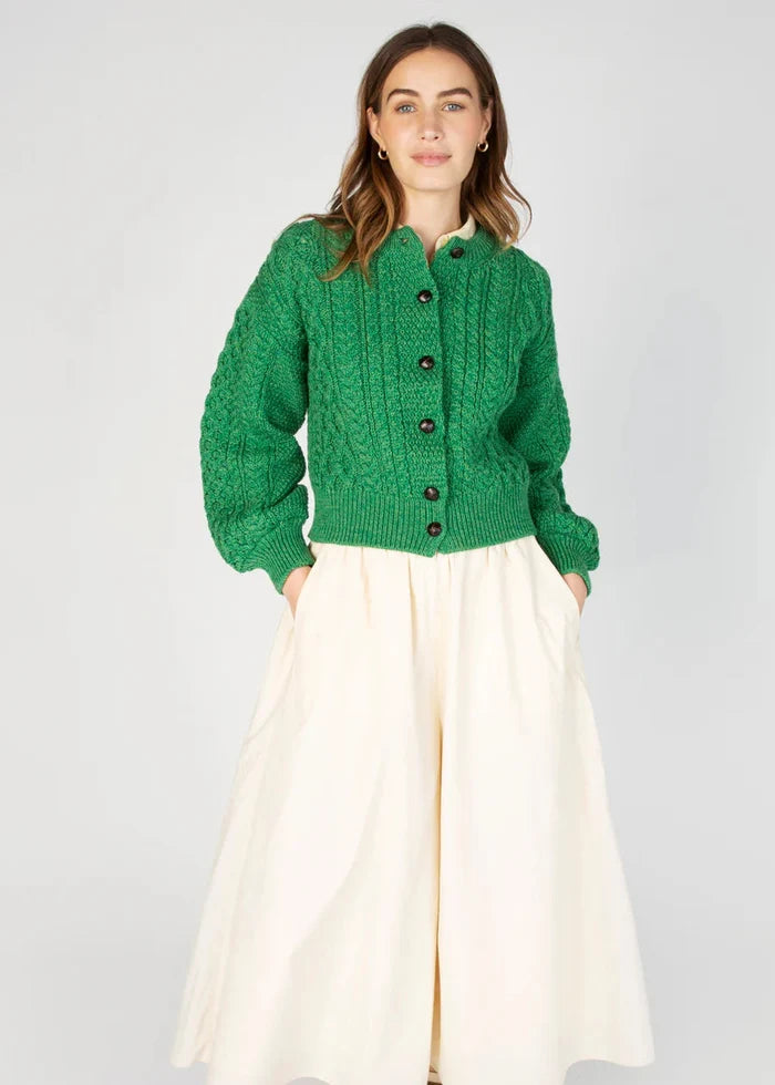 IrelandsEye Clover Cropped Aran Cardigan in Green Marl