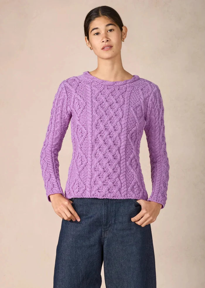 IrelandsEye Lambay Lattice Cable Aran Sweater | Lilac