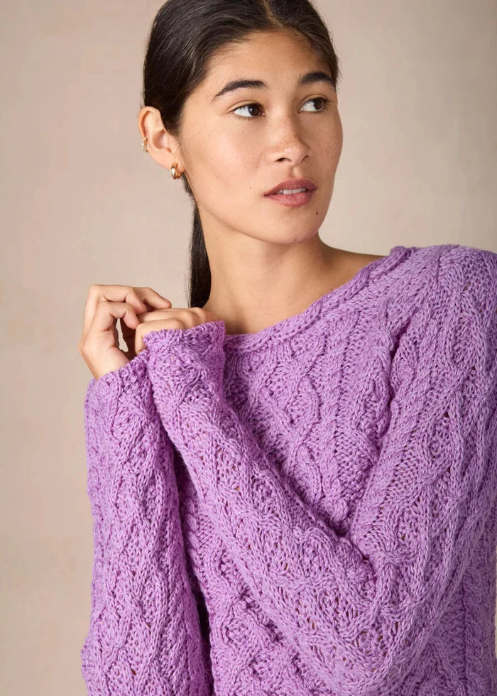 IrelandsEye Lambay Lattice Cable Aran Sweater | Lilac