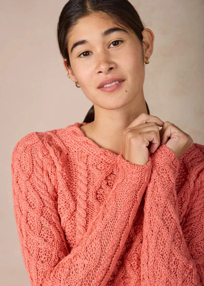IrelandsEye Lambay Lattice Cable Aran Sweater | Salmon