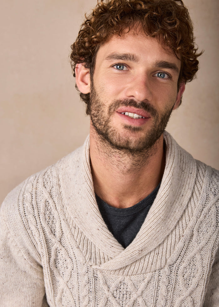 IrelandsEye Lightweight Aran Cashmere Mix Shawl Sweater | Chalk
