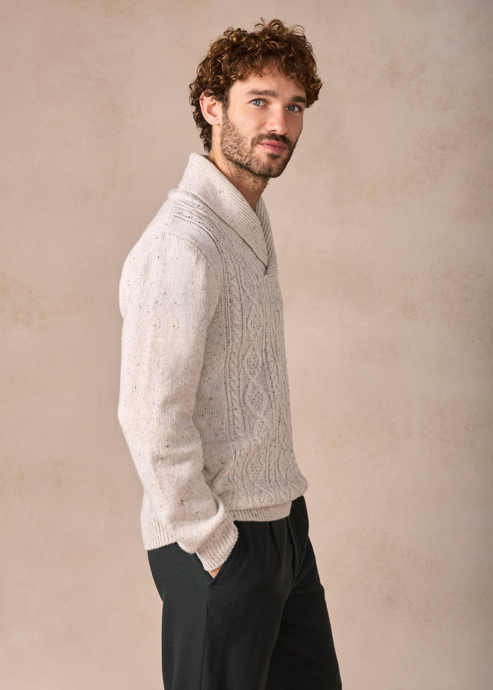 IrelandsEye Lightweight Aran Cashmere Mix Shawl Sweater | Chalk