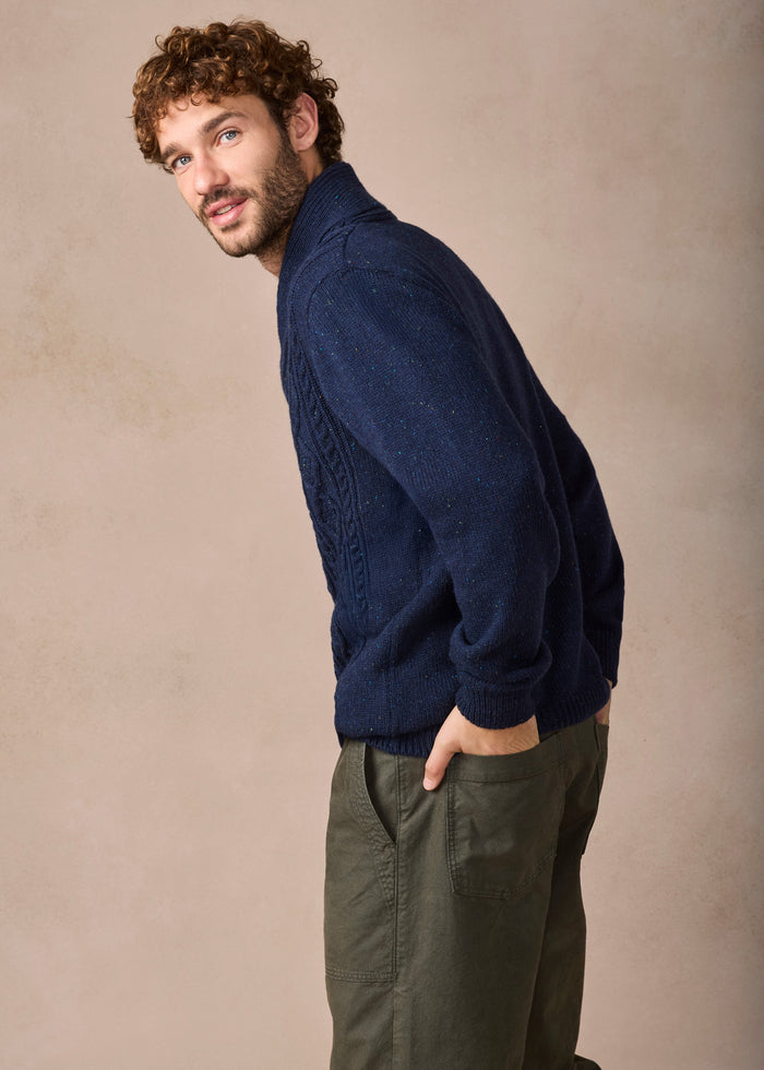 IrelandsEye Lightweight Aran Cashmere Mix Shawl Sweater | Navy