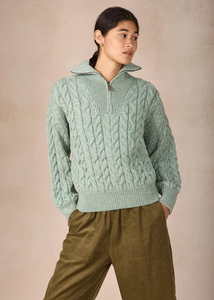 IrelandsEye Women's Cropped Aran Troyer Sweater | Sage Marl