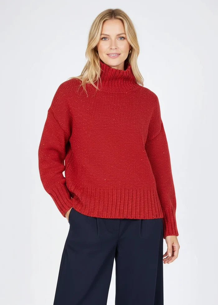 IrelandsEye Women's Irish Polo Neck Sweater | Chilli