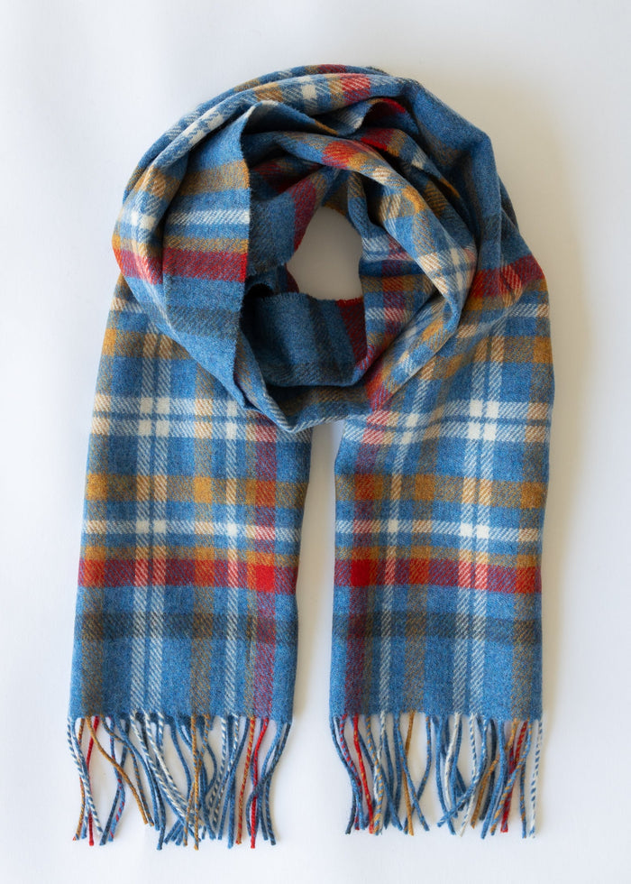 Irish Wool Scarf Short Blue Red Mustard Check