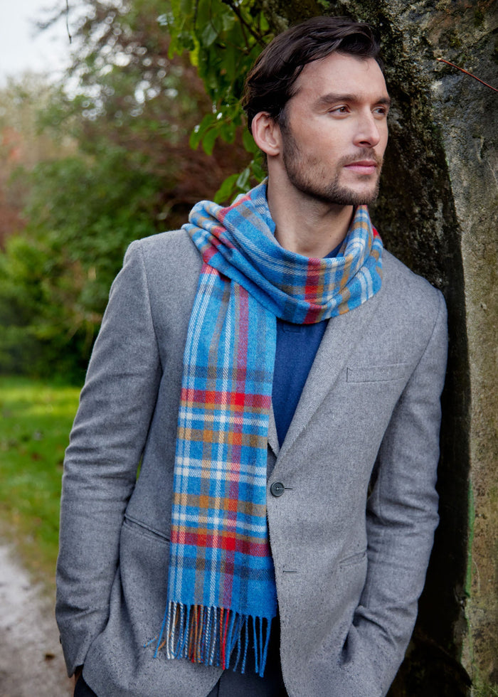 Irish Wool Scarf Short Blue Red Mustard Check