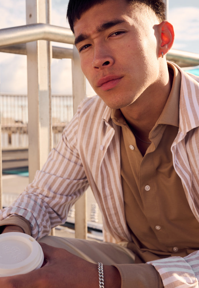 Clean Cut Copenhagen Jamie cotton/linen striped shirt Skjorte L/S Sand Melange / Ecru