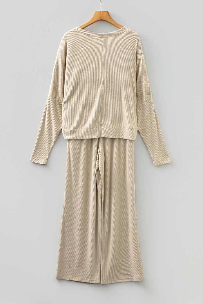 Jet Stream 3D Ribbed V Neck Pullover Drawstring Pants 2 Piece Lounge Set – Cream
