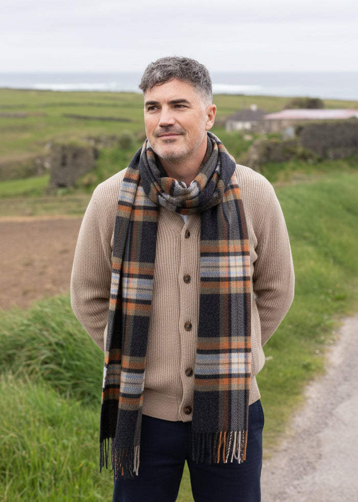 John Hanly Burgundy Scarf | Charcoal Beige Rust Plaid