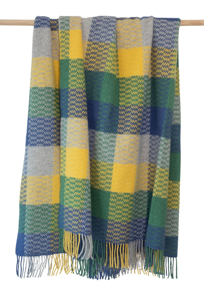 John Hanly Cashmere Throw | Blue Grey Yellow Green Block