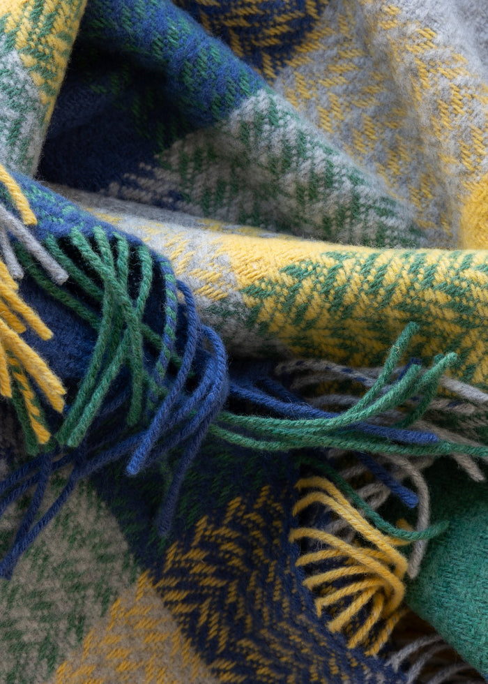 John Hanly Cashmere Throw | Blue Grey Yellow Green Block