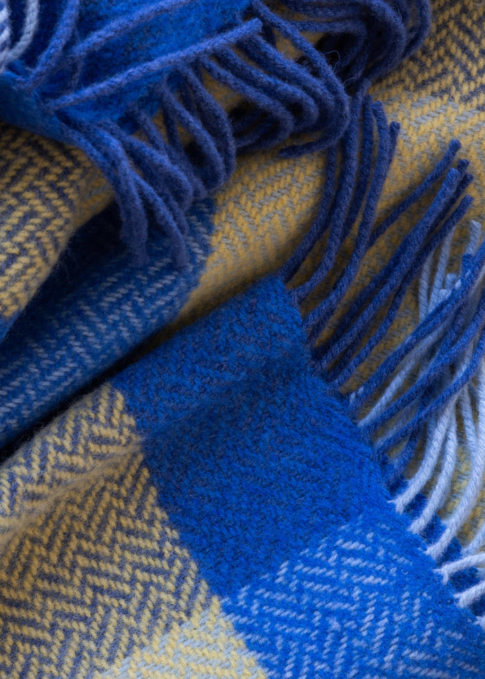 John Hanly Cashmere Throw | Blue Yellow Block Check