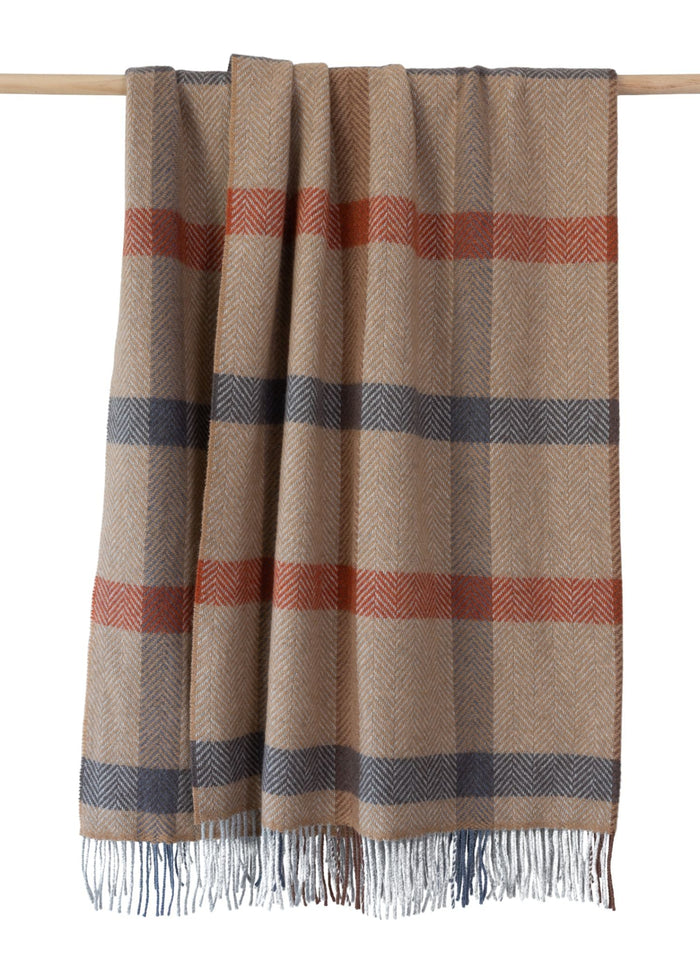 John Hanly Cashmere Throw | Camel Rust Brown Grey Check Herringbone