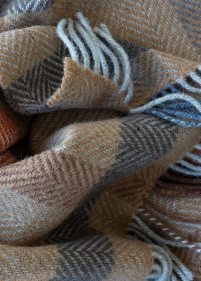 John Hanly Cashmere Throw | Camel Rust Brown Grey Check Herringbone