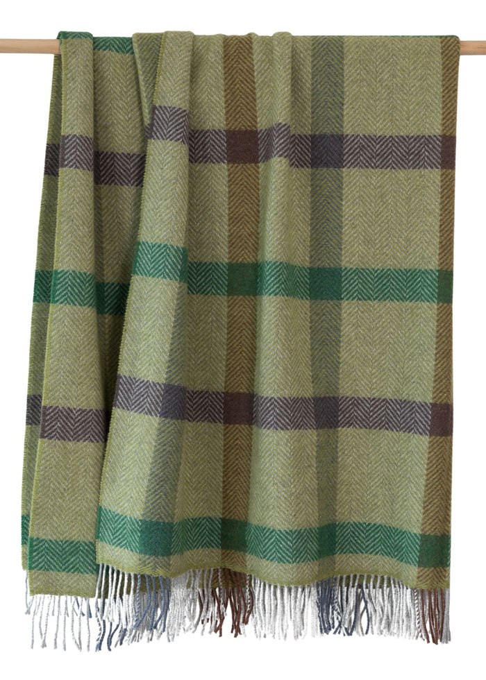 John Hanly Cashmere Throw | Green Brown Grey Check Herringbone