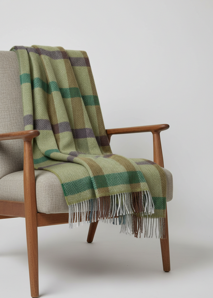 John Hanly Cashmere Throw | Green Brown Grey Check Herringbone