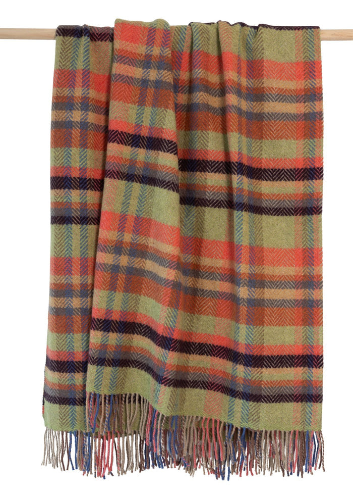 John Hanly Cashmere Throw | Green Coral Rust Slate Plum Check Herringbone