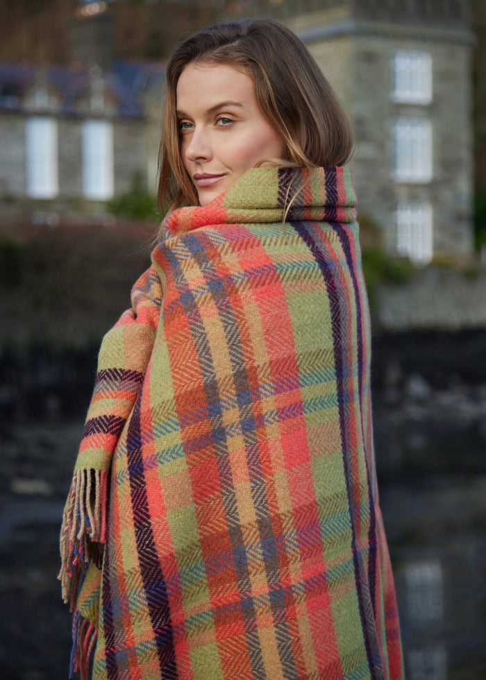 John Hanly Cashmere Throw | Green Coral Rust Slate Plum Check Herringbone