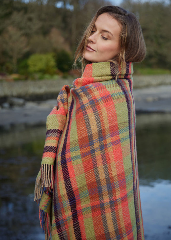 John Hanly Cashmere Throw | Green Coral Rust Slate Plum Check Herringbone