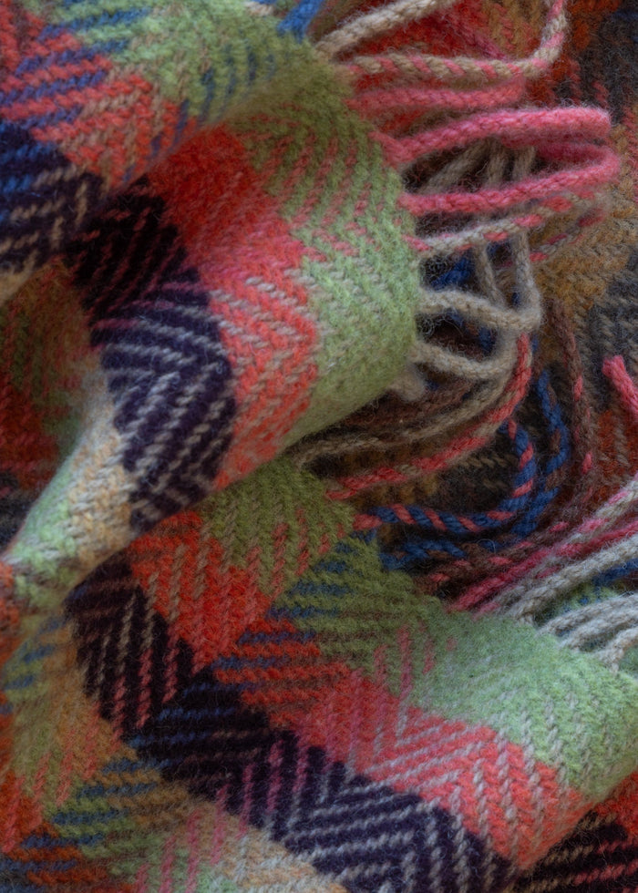 John Hanly Cashmere Throw | Green Coral Rust Slate Plum Check Herringbone