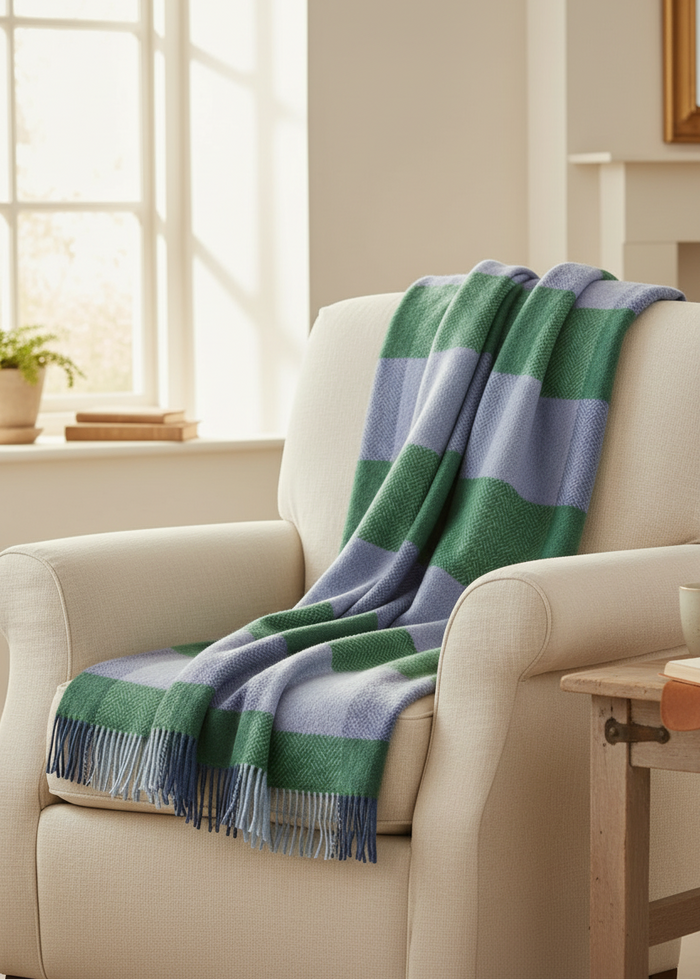 John Hanly Cashmere Throw | Green Lavender Block Check
