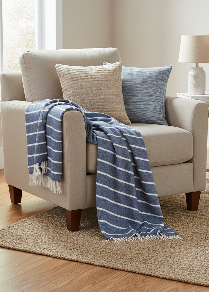 John Hanly Denim White Horizontal Stripe Throw