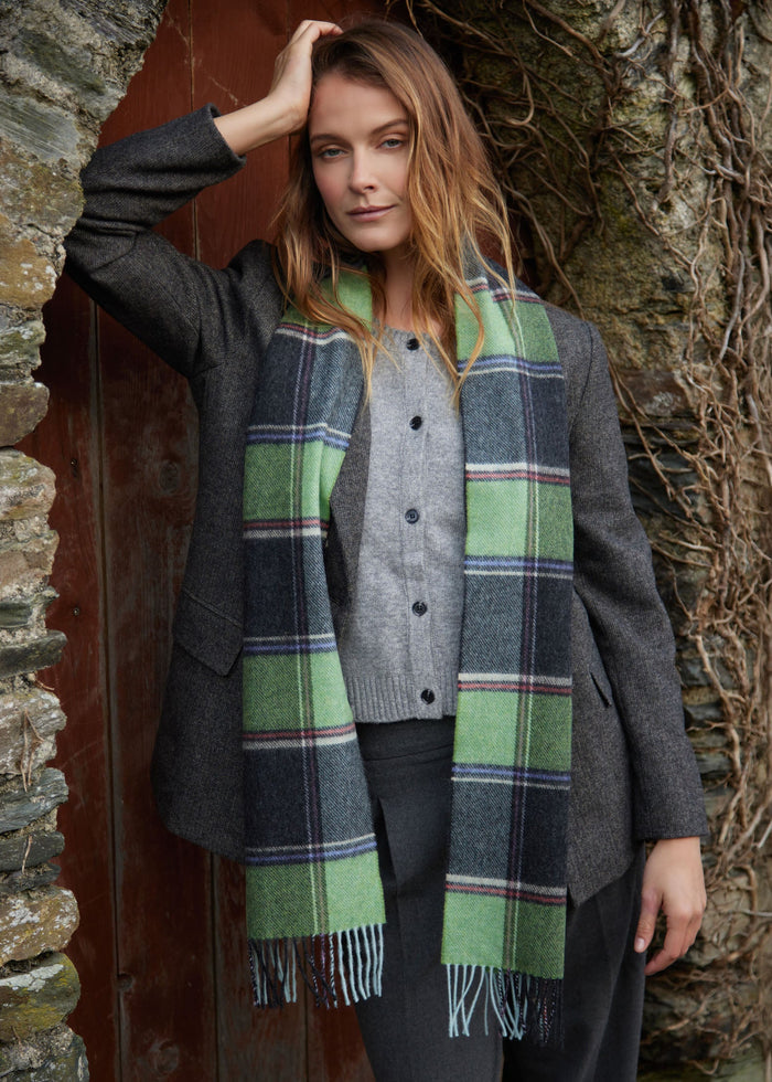 John Hanly Long Scarf | Green Charcoal Multi Block Check
