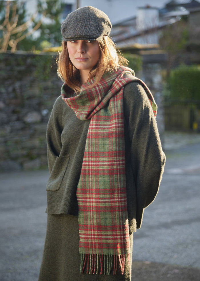 John Hanly Long Scarf | Mixed Greens Red Check