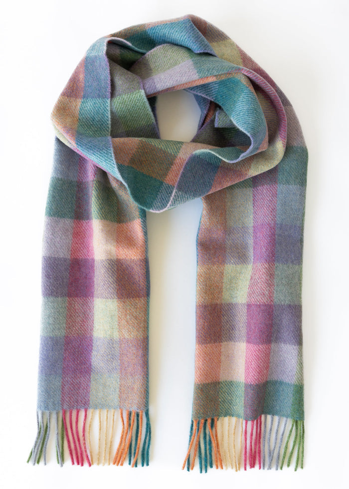 John Hanly Long Scarf | Purple Heather Green Blue Block Check