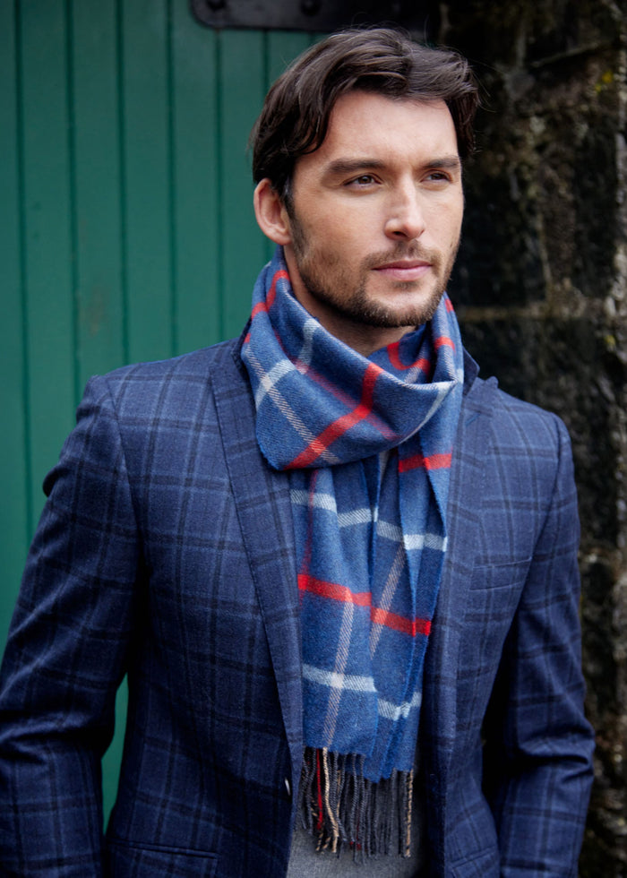 John Hanly Merino Scarf | Blue Red Sky Beige Check