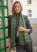 John Hanly Merino Scarf | Green Rust Orange Blue Check