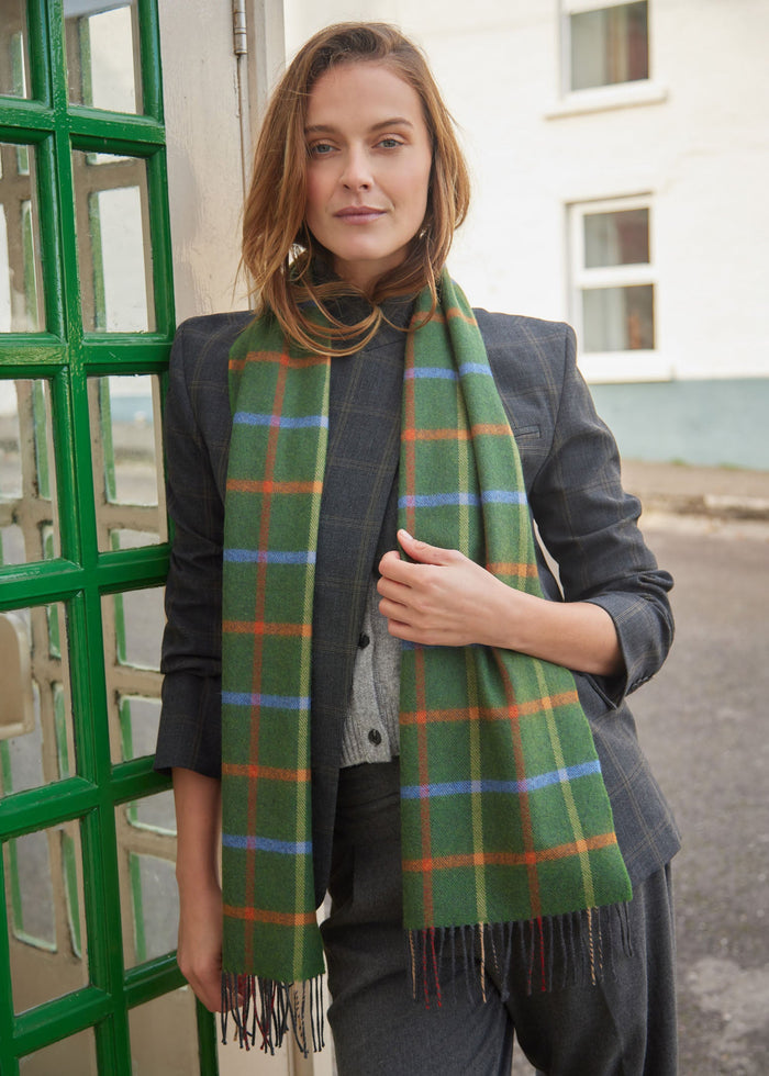 John Hanly Merino Scarf | Green Rust Orange Blue Check