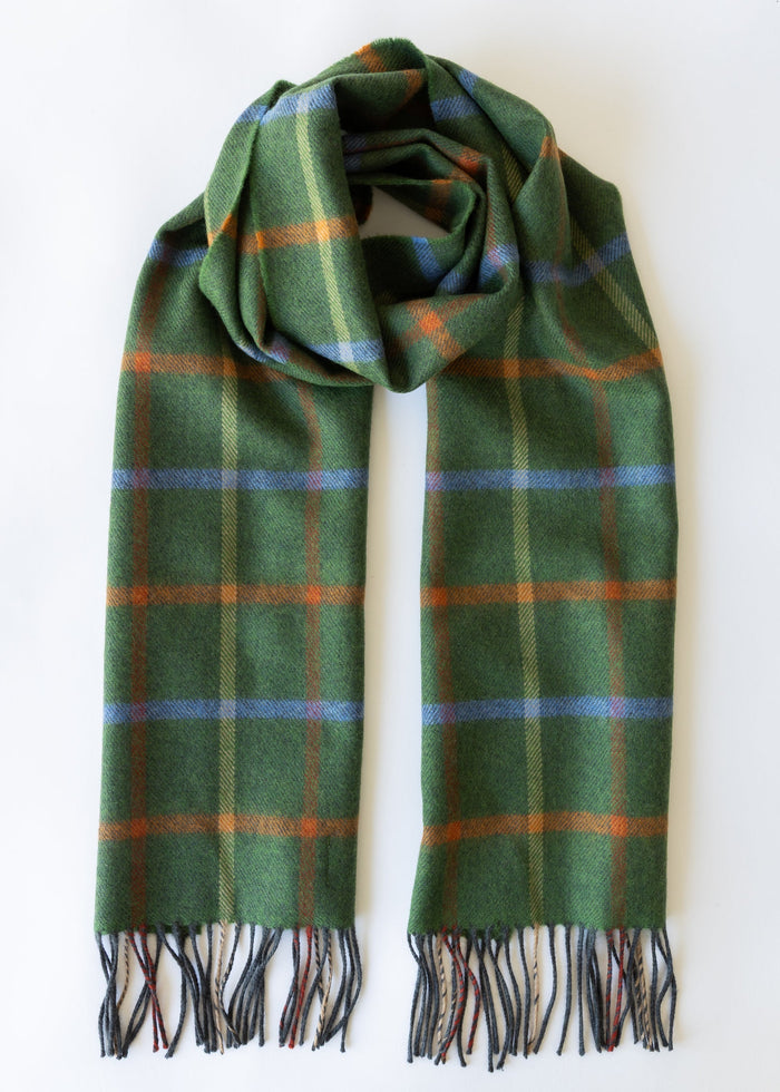 John Hanly Merino Scarf | Green Rust Orange Blue Check