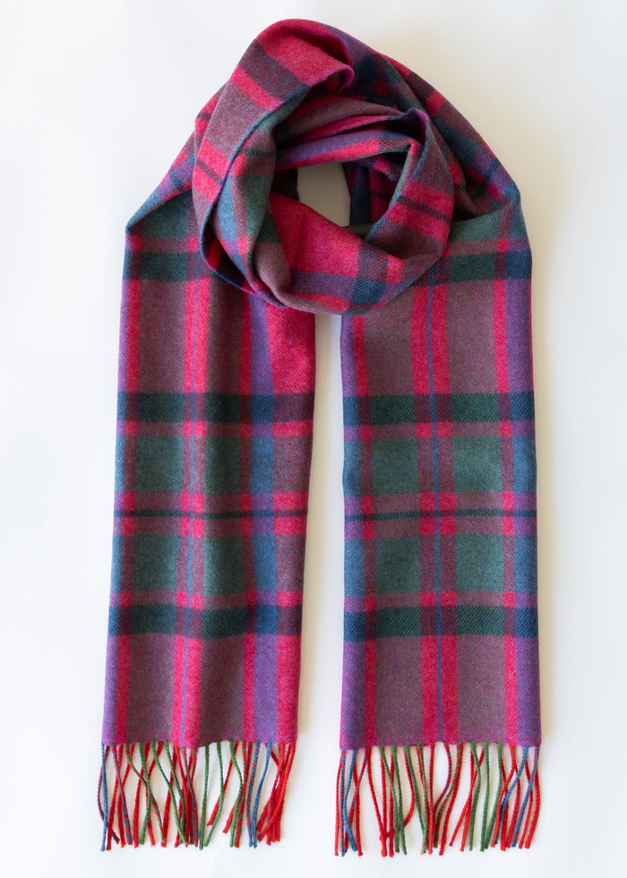John Hanly Merino Scarf | Pink Slate Navy Blue Check Herringbone