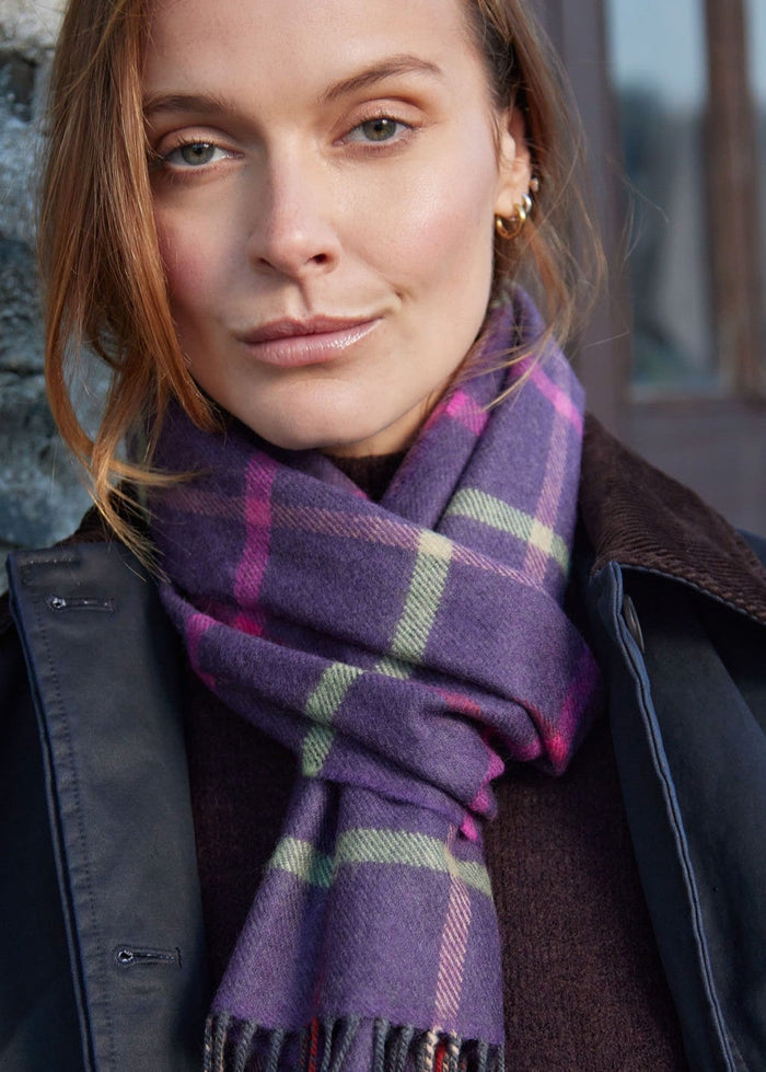 John Hanly Merino Scarf | Purple Pink Green Beige Check