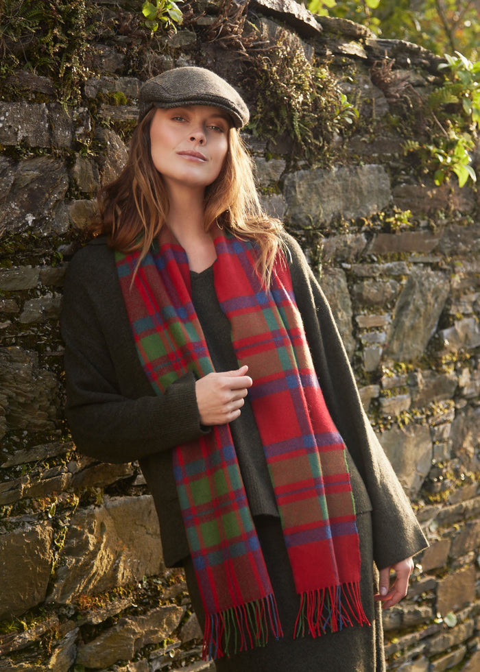 John Hanly Merino Scarf | Red Green Blue Check Herringbone