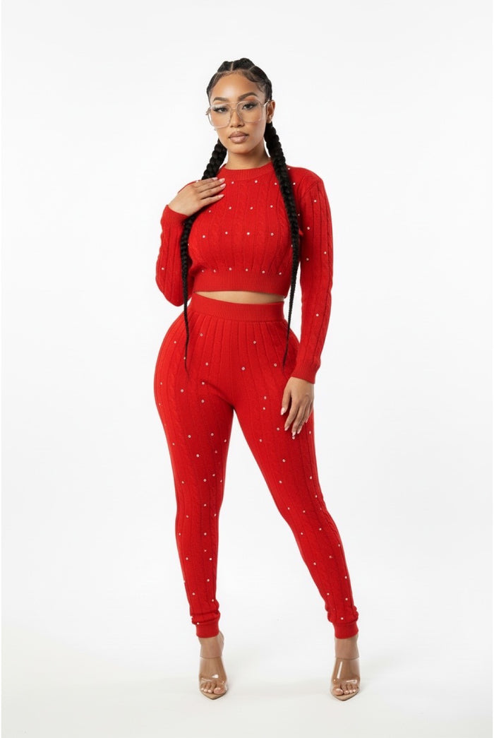 Just One Of Those Days - Knit Rhinestone Detail Sweater Pants Set